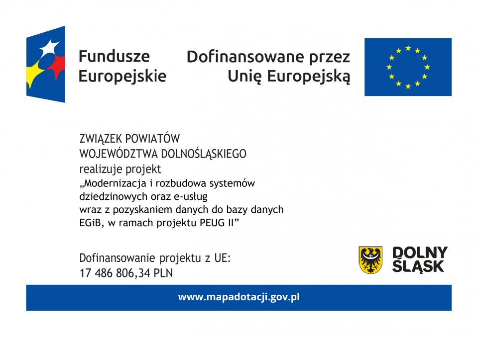 Logo Projekt Modernizacja i rozbudowa systemów dziedzinowych oraz e-usług wraz z pozyskaniem danych do bazy danych EGiB, w ramach projektu PEUG II